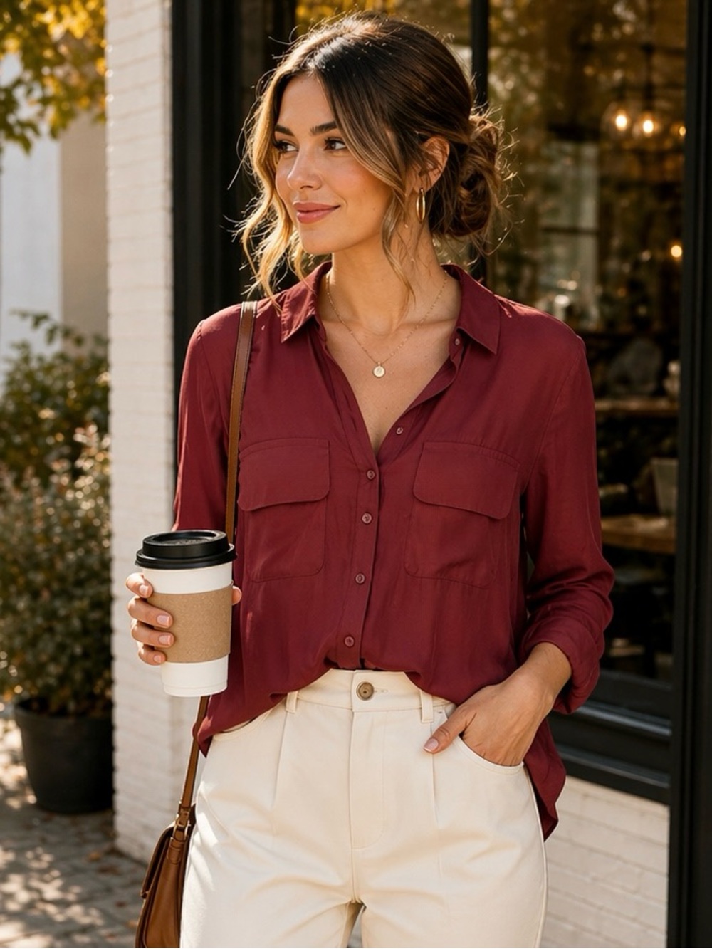 421 Express Portofino Wine Button Front Blouse Small Flowy Career Top
